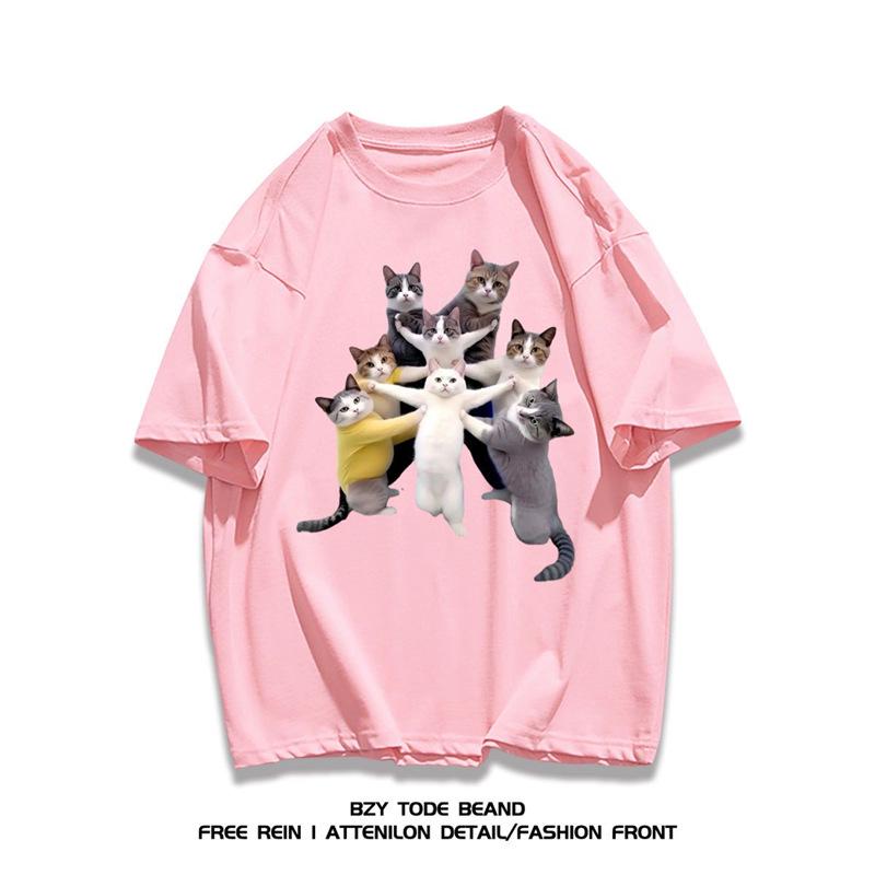 Korean Style Cat Print Cotton T-shirt - Trendy Loose Fit, Unisex Summer Casual
