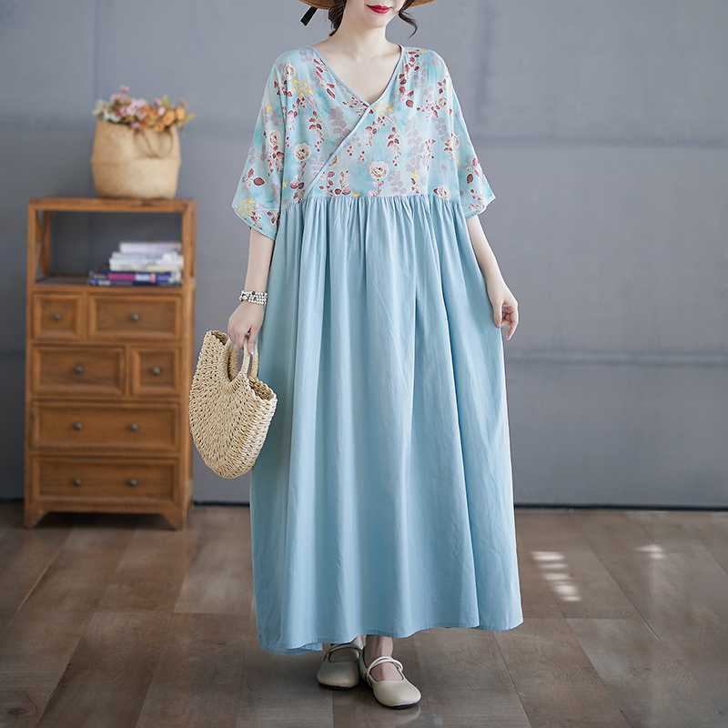 Cotton and Linen Summer Patchwork Retro Style Dress Long Skirt