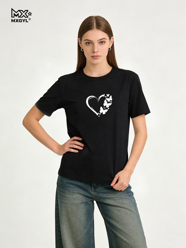 Lovely Heart Butterfly Printed T-shirts For Women High Quality Breathable Tees Ladies Home Outdoor Casual Sports Fashion Tops