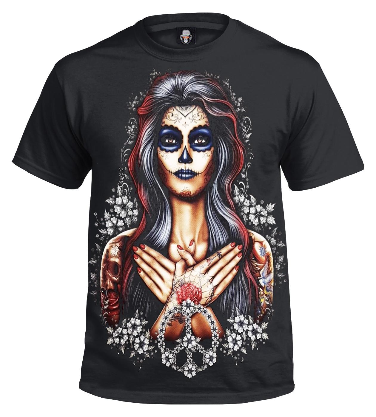 Day Of The Dead Peace T-shirt  Tattoo  Mexican  Sugar Skull  Doll  Biker XXL