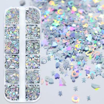 12 Grids Nail Enhancement Silver Star Love Patterns Laser Nail Glitter Flash Nail Decoration Nail Charm DIY Manicure Tools