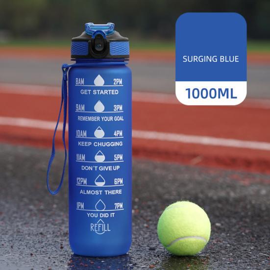 1000ml Wasserbecher Lebensmittelqualität Auslaufsicher Große Kapazität mit Zeitmarkierung Trageband-Design Staubdicht Motivierende Sport-Wasserflasche mit Strohhalm Büro