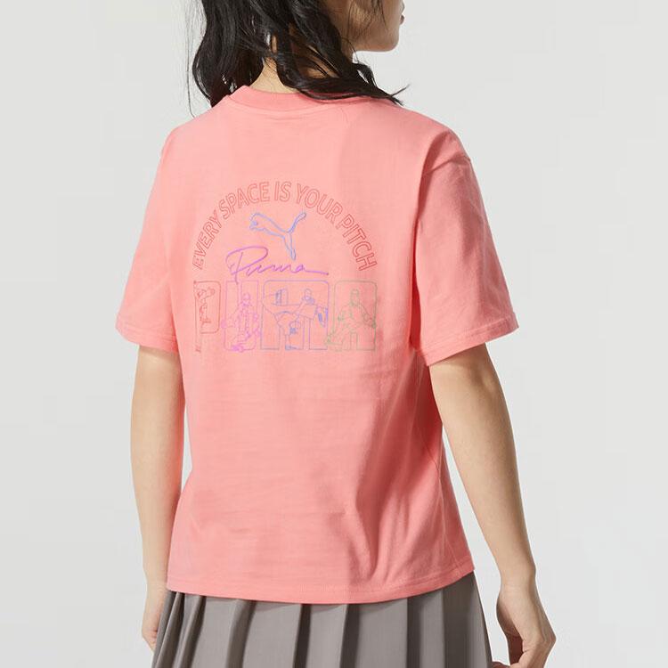 Puma Logo Print Ribbed Round Neck Comfortable Sports Short Sleeve Drop Shoulder T-Shirt Women T-Shirt Peach 682345-26
