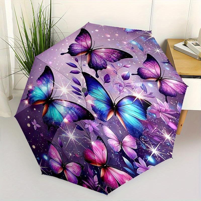Butterfly Fantasy Automatic Folding Umbrella 8 Ribs, Durable Iron Frame, Bright Color Pattern Compact Travel Umbrella, Suitable for Outdoor