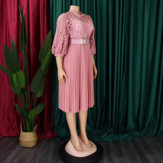 Women's 45720 Sleeve Lace Crochet Midi Dress Hollow Out Eyelet Pleated Swing Dress Fall Casual