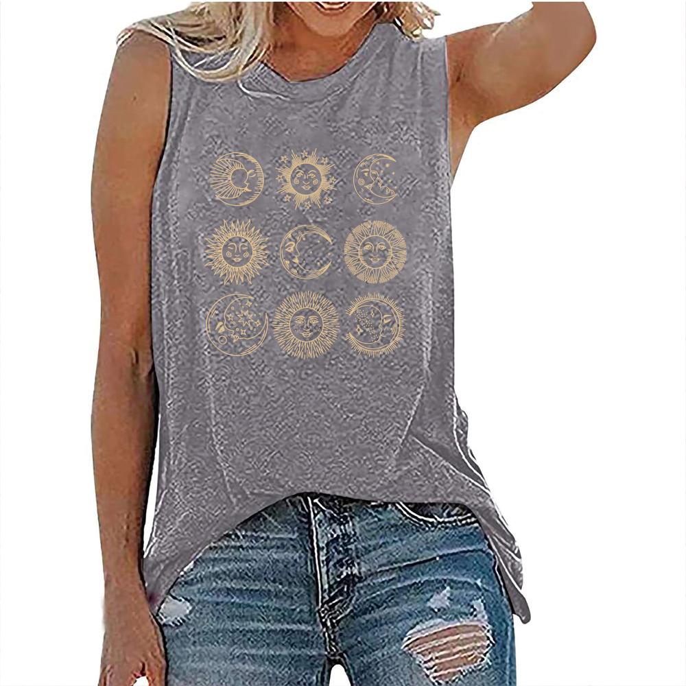 Printed women's sleeveless summer loose T-shirt round neck casual top