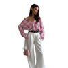 Women's Versatile Pink Plaid Loose Shirt with Removable Long Sleeves and Lapel
