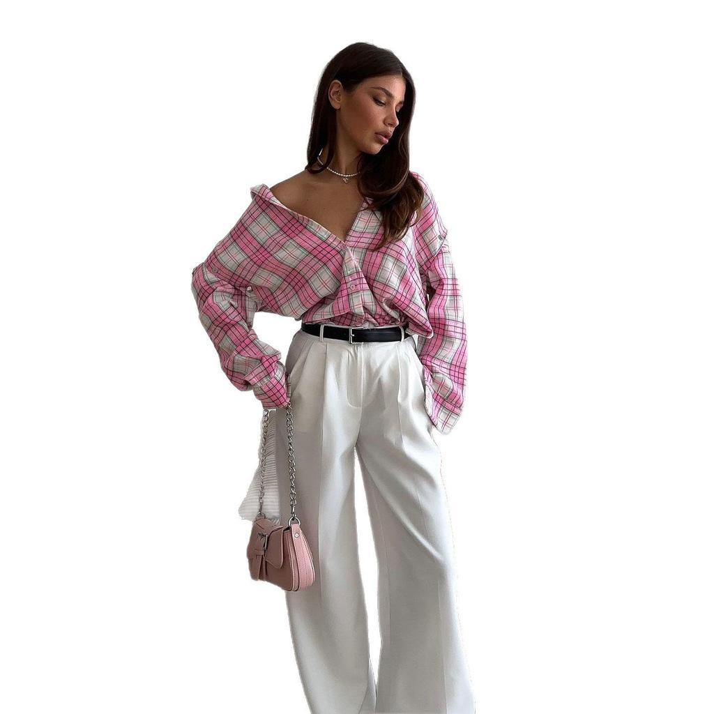 Women's Versatile Pink Plaid Loose Shirt with Removable Long Sleeves and Lapel