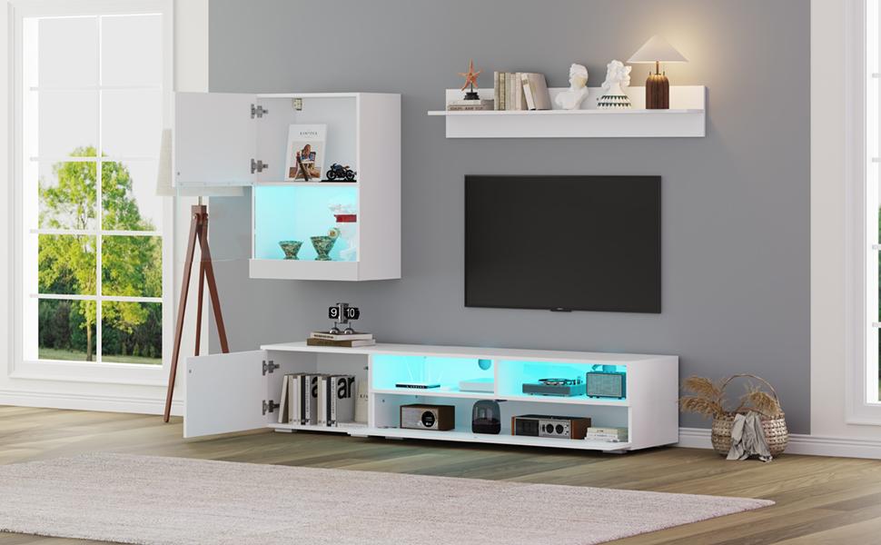 175*39*34cm TV Wall Unit with Display Cabinet (3-Piece Set), TV Board, Standing Shelf and Wall Shelf, LED and High Gloss, TV up to 80', White