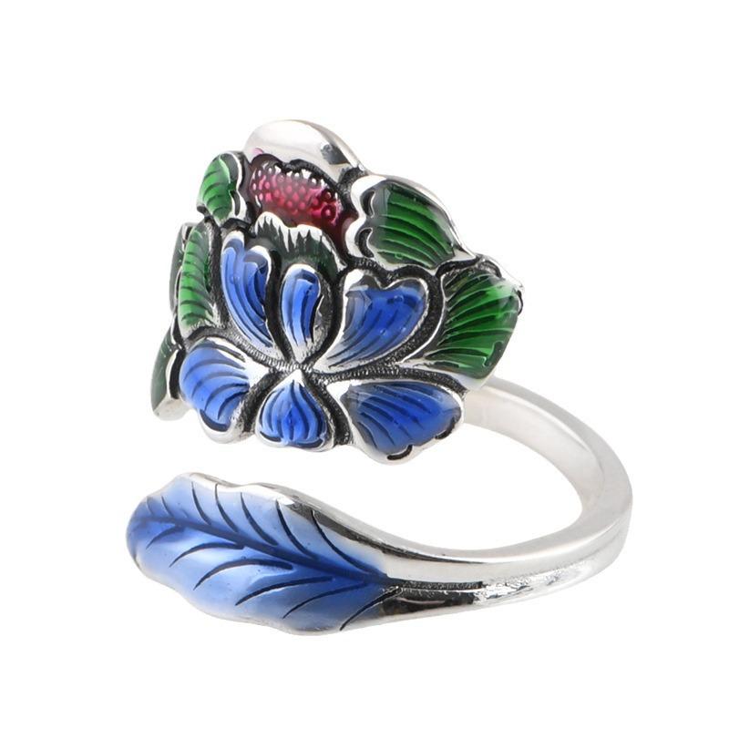 Elegant Peony Flower Ring, S925 Sterling Silver, Chinese Ethnic Style, Open Design for Women.