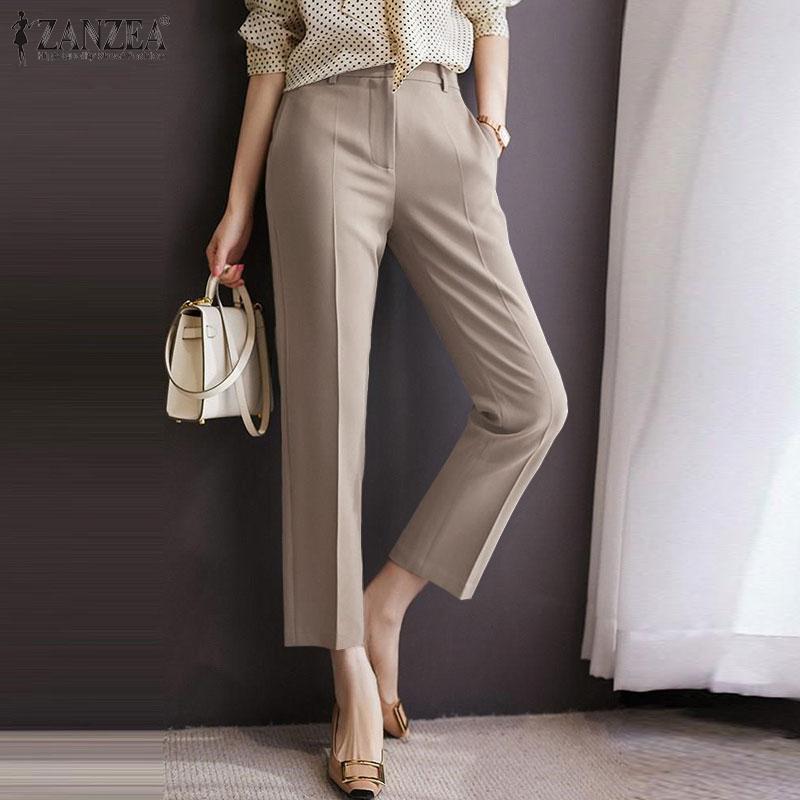 

ZANZEA Женщины Повседневные прямые брюки Бизнес OL Офисные укороченные брюки
