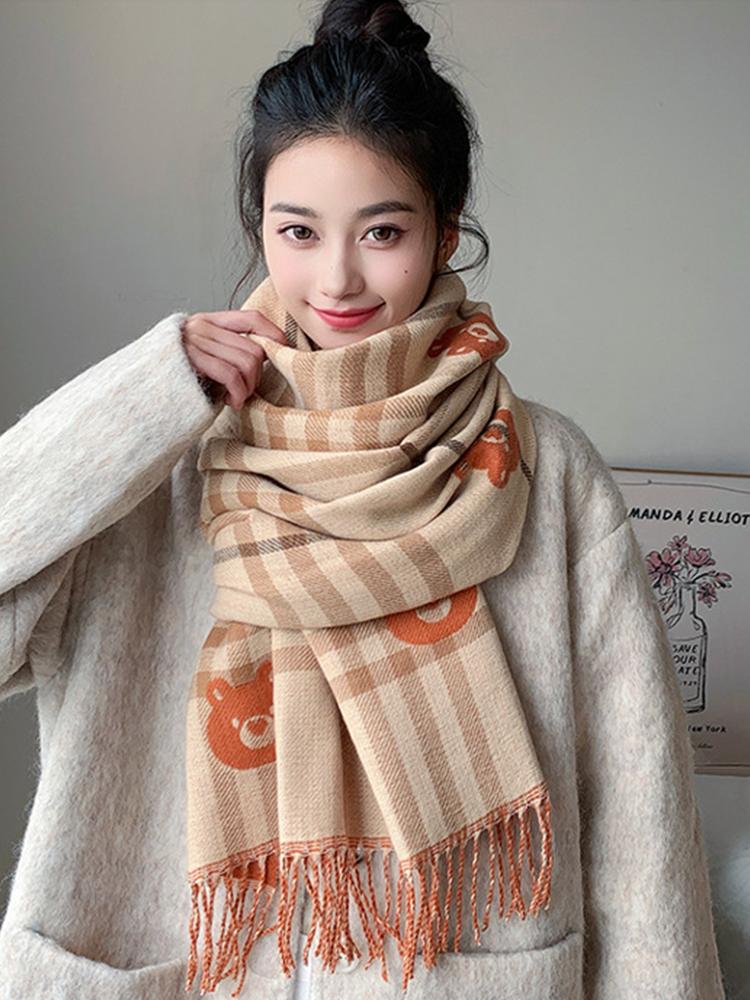 Women Autumn Winter Knitted Scarf Headscarf Lady Men Retro Plaid Print Tassel Scarve Foulard Wrap Shawl Casual Fashion Korean