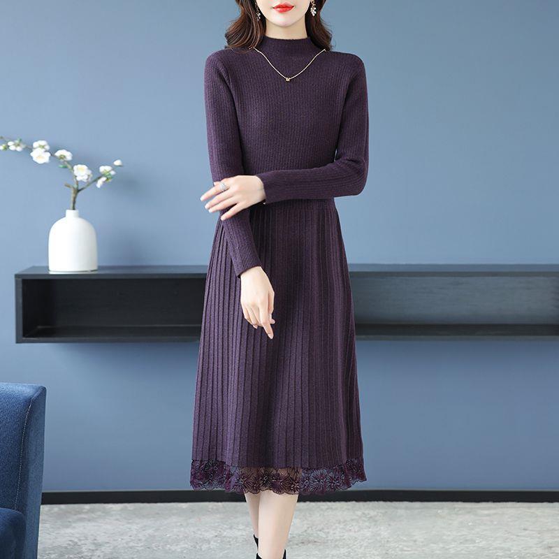 Plus Size Semi-High Collar Wool Sweater Dress - Warm, Thick, Tummy Covering, Slimming Winter Knit