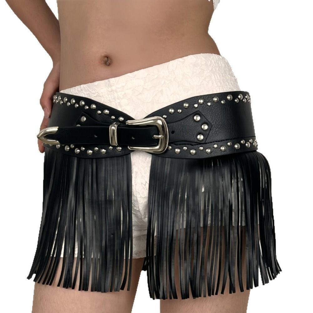 Y2K Harajuku PU Leather Tassel Belt Punk Style Patchwork Design Wide Belt Western Cowboy Vintage Rivet Belt Daily Wear