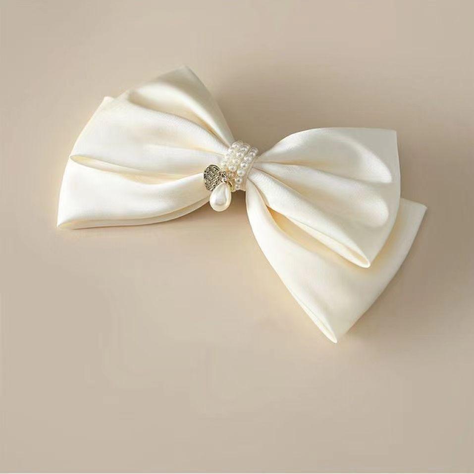 JMXD-French Retro Elegant Pearl Bow Hairpin Back Head Top Clip Femininity Satin Spring Horizontal Clip