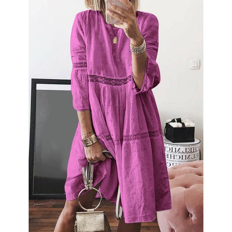 Boho Women Solid Color Hollow Out Sleeve Splice Mid Long Dresses