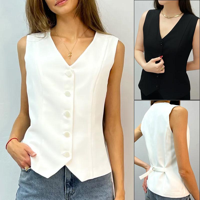 2025 Women's Sleeveless V-neck Cardigan Vest - European & American Summer Fashion