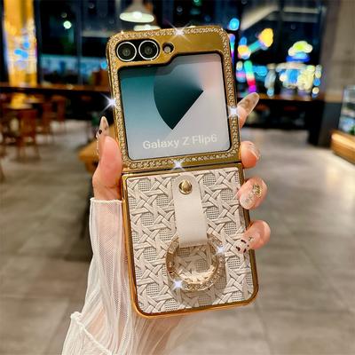 Electroplated Weaving Leather Ring Phone Case for Samsung Galaxy Z Flip 6 5 Samsung Flip6 Flip5 Shockproof Protection Cover