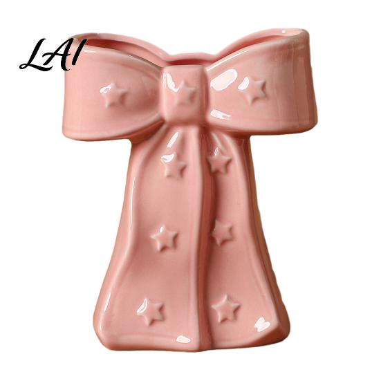 French Style Bow Vase Ceramic with Star Decorative Flowers Vase Creative Flower Chic Room Decor Gifts Arrangement Holder for Living Table