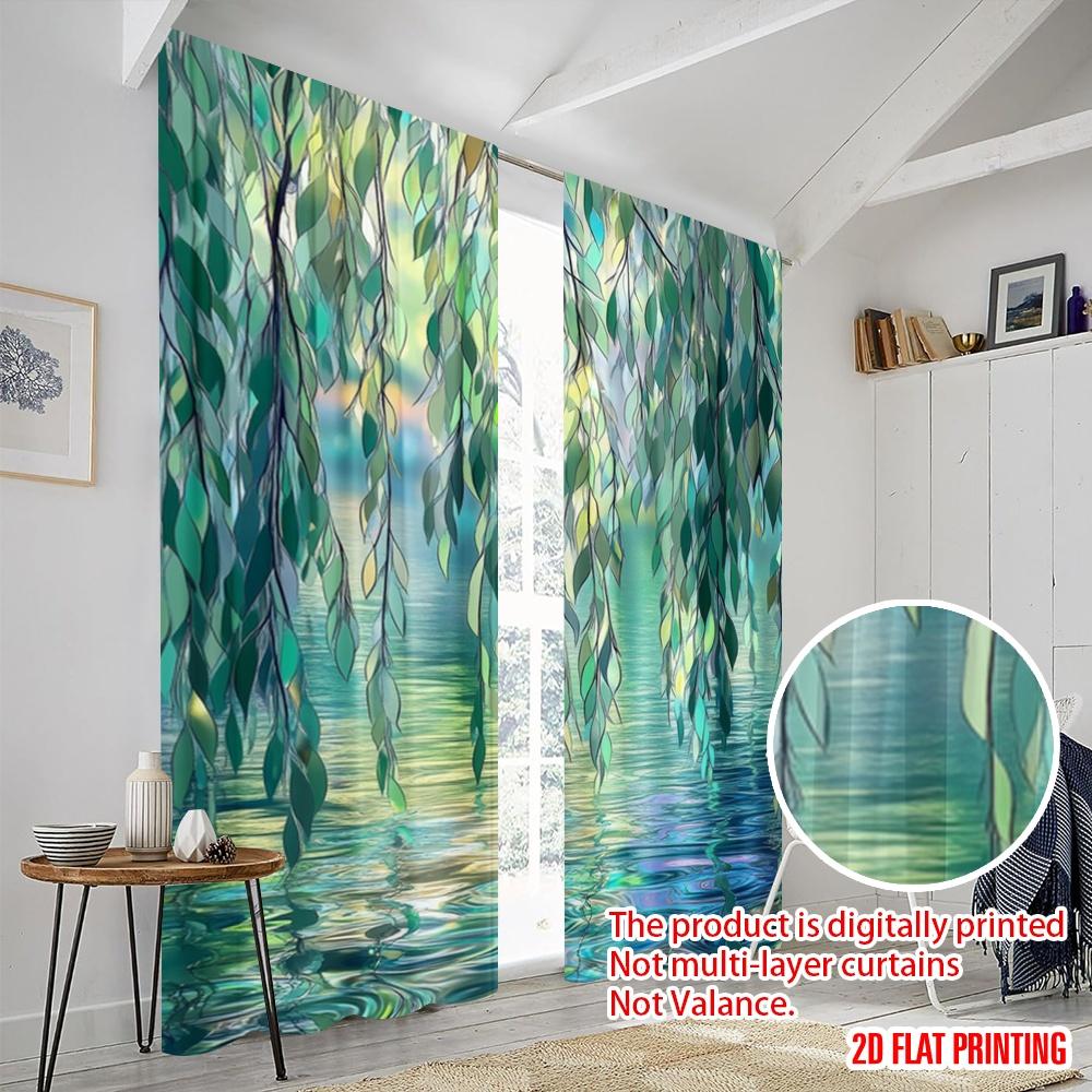2pcs,2D plane printing Pattern Curtains Willow Reflections Versatile Polyester Fabric (without rod) Versatile All Use for