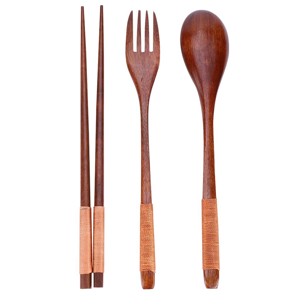 Wooden Chopsticks Spoon Fork Tableware Dinnerware 3pcs Set (with black thread)