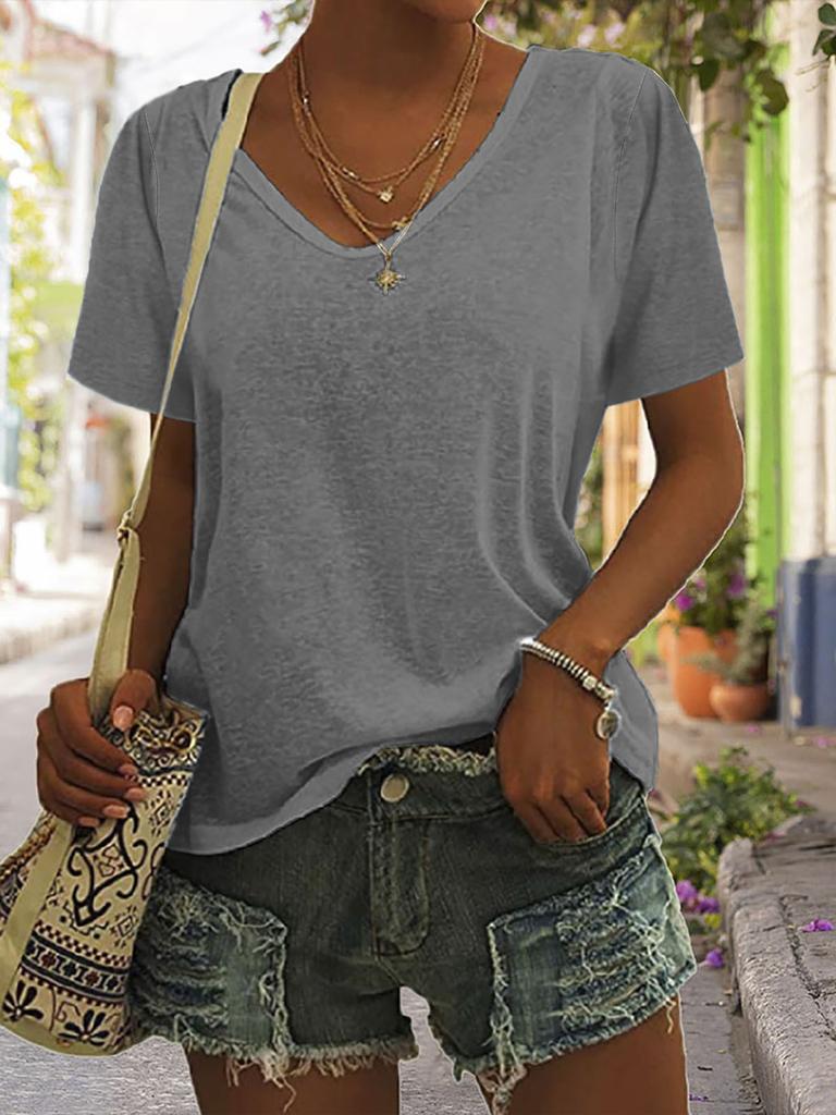 European and American women's solid color V-neck short-sleeved T-shirt, loose casual top can be printed in stock.
