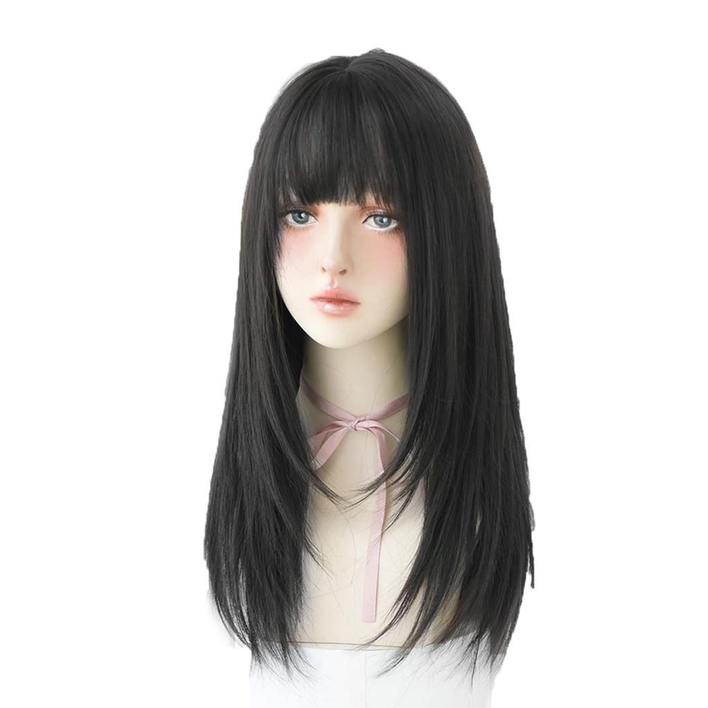 Long Black Straight Hair Wig With Bangs Synthetic High Density Long Hair Wig For Women