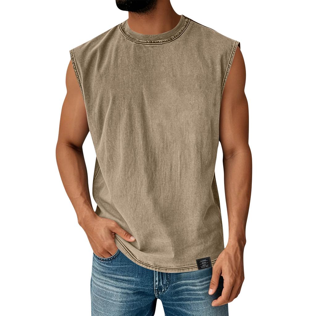 Maglietta da uomo vintage lavata a girocollo senza maniche, vestibilità casual comoda, tessuto morbido, stile classico