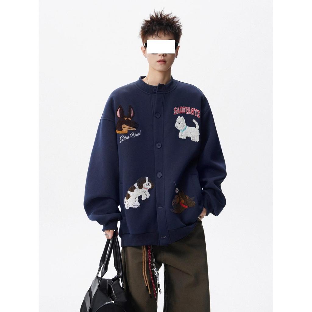 Men's Cartoon Puppy Embroidered Round Neck Cardigan Hoodie - Spring/Autumn Loose Fit with Niche Design