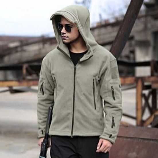 Pánská fleecová bunda s kapucí zateplená větrovka na celý zip podzim zimní plyšové kabáty s kapsami pro pracovní oděvy pro turistiku na safari