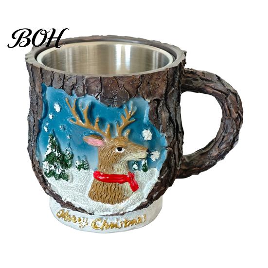 Christmas Party Supplies Theme Mug with Stainless Steel Liner, 3D Relief Hand Decorations Painted Resin Coffee Cup, Decorative Drinkware for