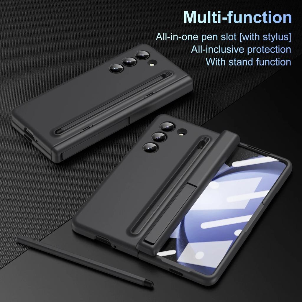 Luxury Cover Pen Holder Slot Case for Samsung Galaxy Z Fold 3 4 5 Fold5 with Pen Bracket Front Glass Film Protection ZFold4