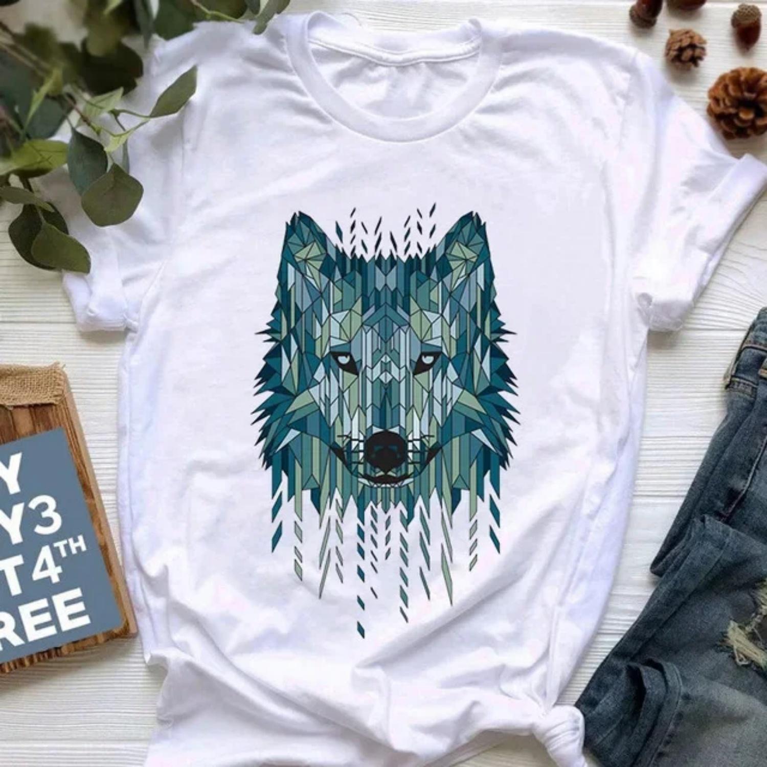 

Ladies Short Sleeve T-Shirt Fashion Print round Neck White Cross-Border Style Wolf Tengen Women s Clothing Floral Patchwork XXXXXL білий