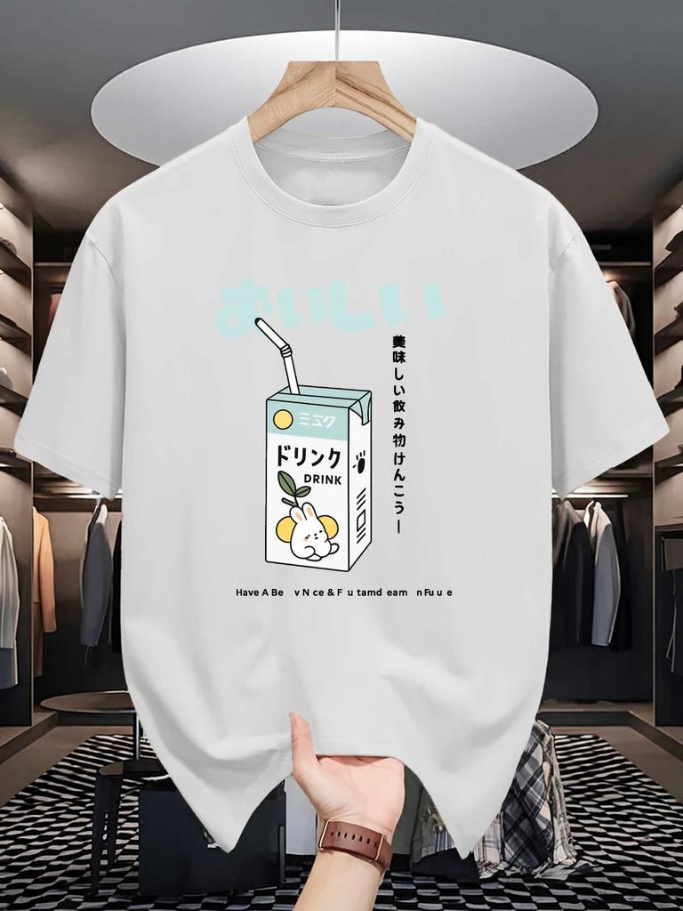 Unisex Crew Neck Tee Japanese Text Bunny Milk Box Cartoon Print Soft Cotton Loose Short Sleeve Summer Casual Male Streetwear Tops