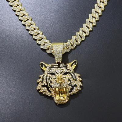 Trendige Punk Rock Tigerkopf Voll Diamant Metall Halskette