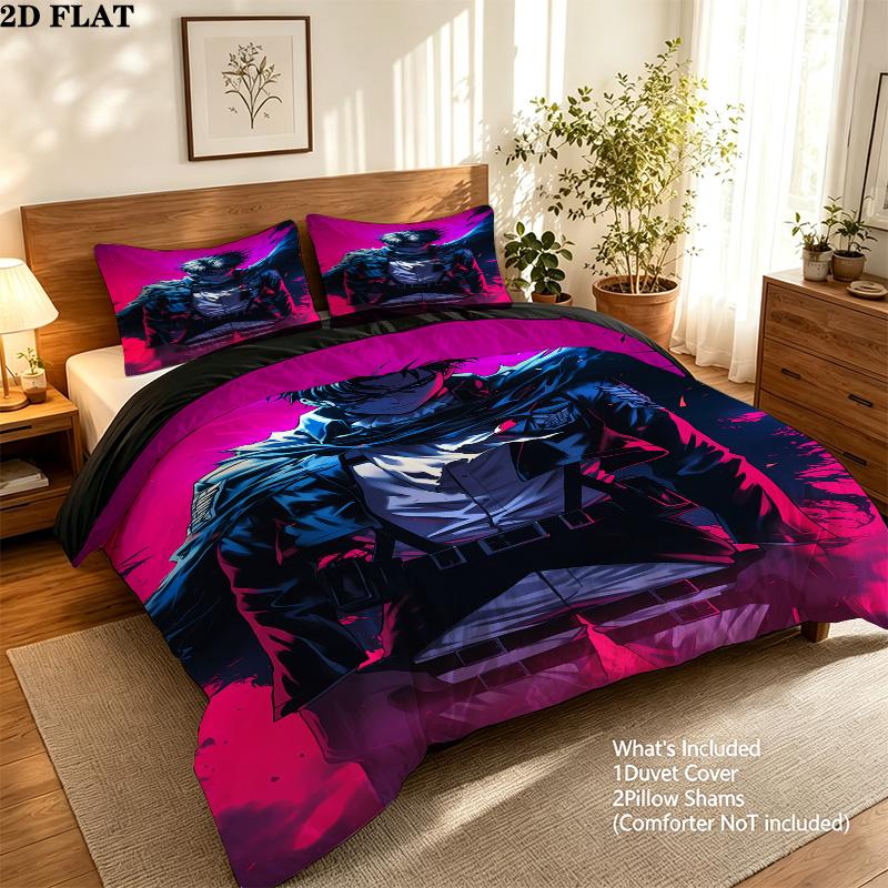 Attack Titan Pattern Bedding Quilt Set Quilt Cover Pillowcase Home Birthday Gift(1 * Duvet Cover + 2 * Pillowcase, Without Core)
