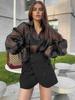 Black Mesh Turn-Down Collar Puff Sleeve Women's Shirt - 2025 New European & American Autumn Fashion
