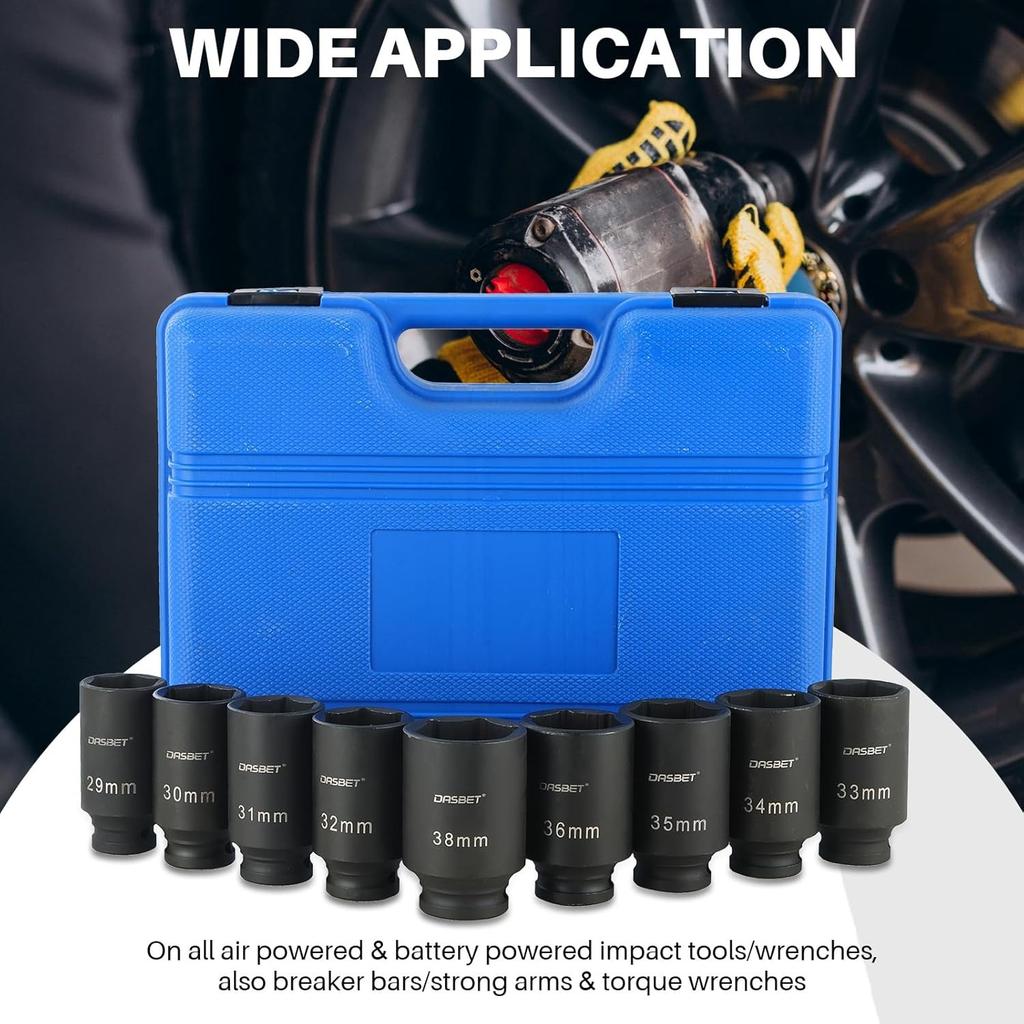 DASBET 1/2" Drive Deep Impact Socket Set 9PCS Axle Nut Impact Socket Set 6 Point 29-38mm Drive Metric Axle Hub Nut Set