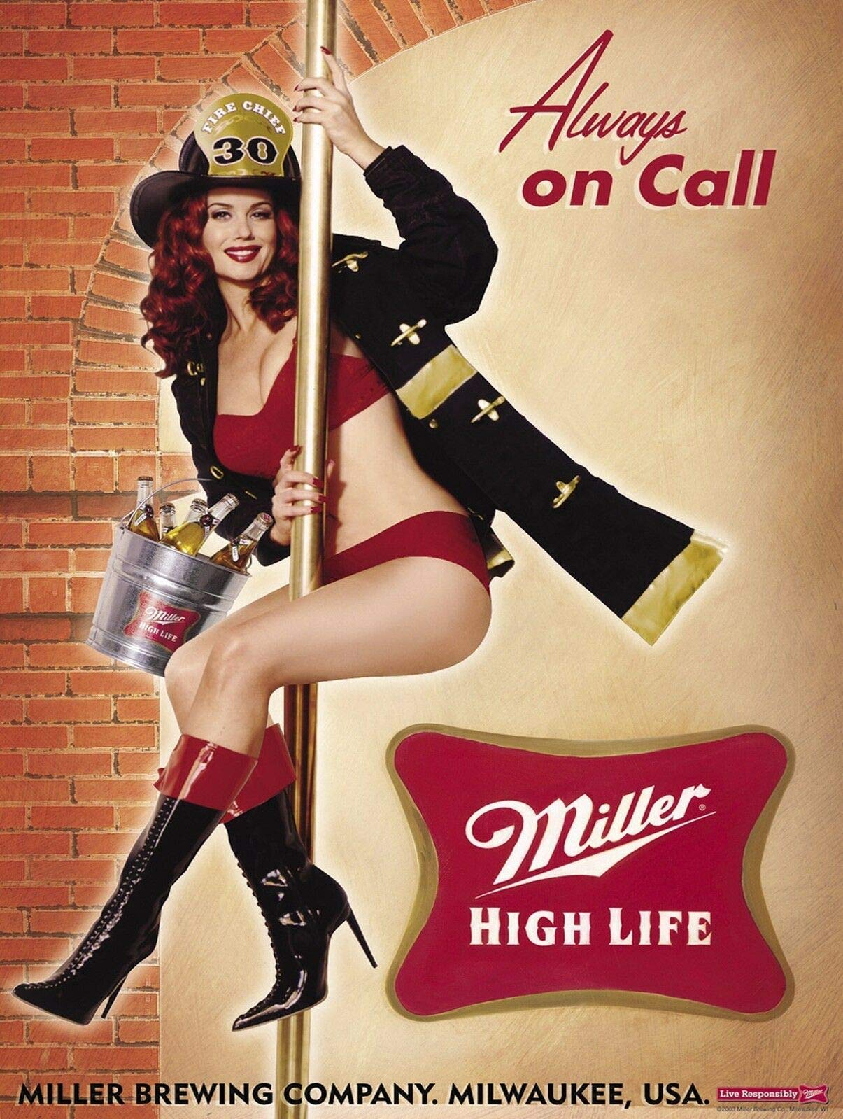 

Vintage Miller High Life Always on Call Pinup Girl Metal Sign Retro Firefighter Beer Tin Plaque for Bar Man Cave Wall Decor 20x30cm（7.8x11.8inch）