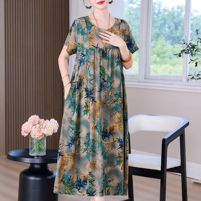 Elegant Long Dress for Women Vintage Clothes Plus Size Casual Short Sleeve Summer Loose Dress