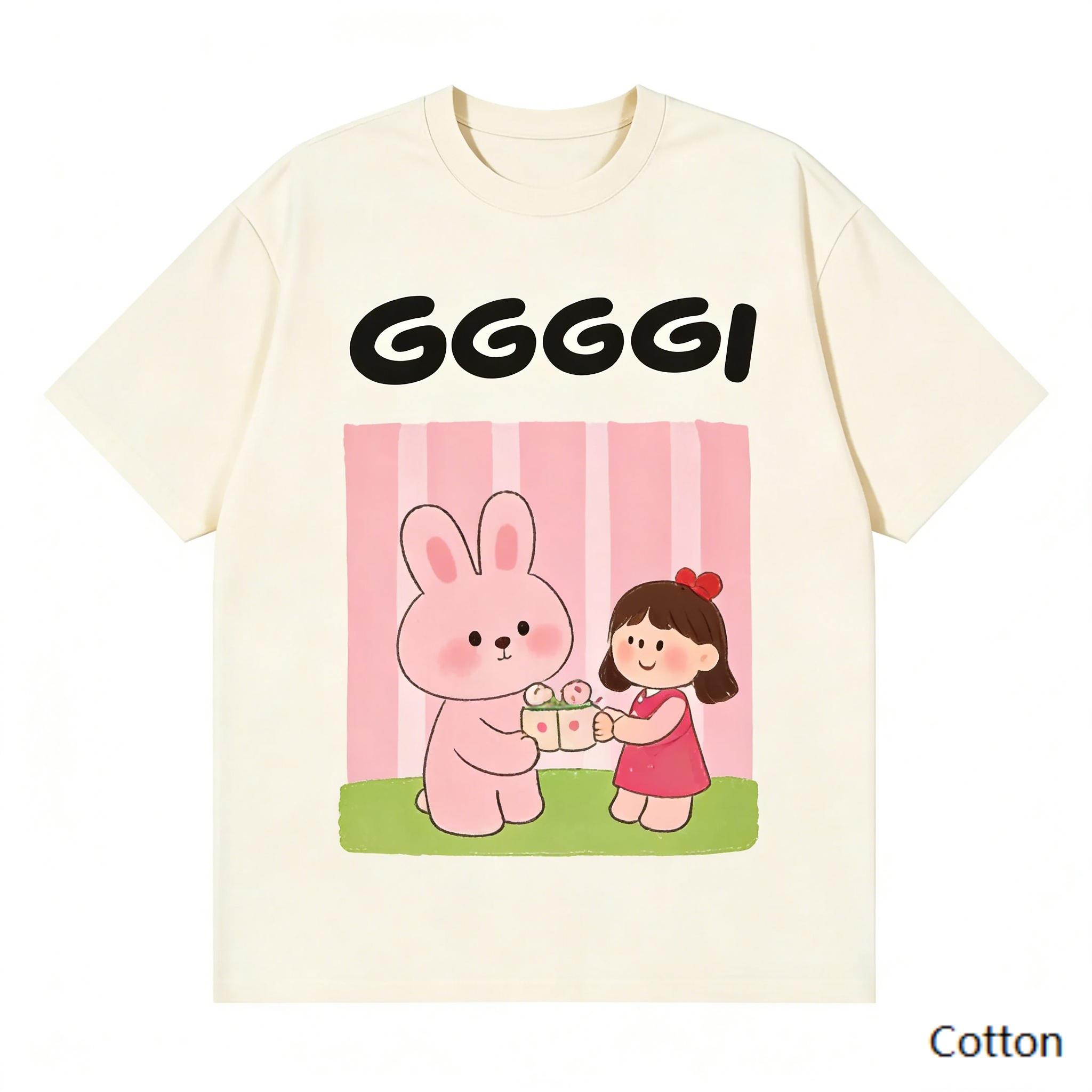 Luxury Brand Pink Rabbit & Girl & Strawberry Dessert & GGGGGI Letter Print Cotton T-Shirt, Unisex Loose Fit Casual Tee, S разноцветный