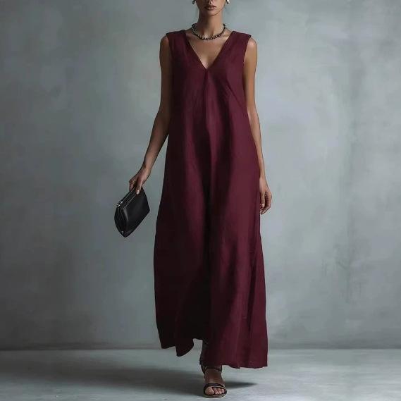 European and American Spring and Summer New Casual Temperament V-neck Fashion Sleeveless Cotton Dress Women's Summer