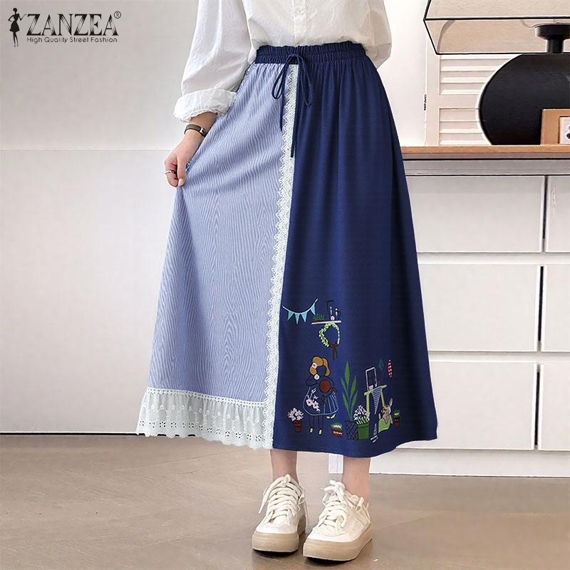 

ZANZEA Women Casual Elastic Waist Loose Patchwork Floral Long Skirts 5XL чорний