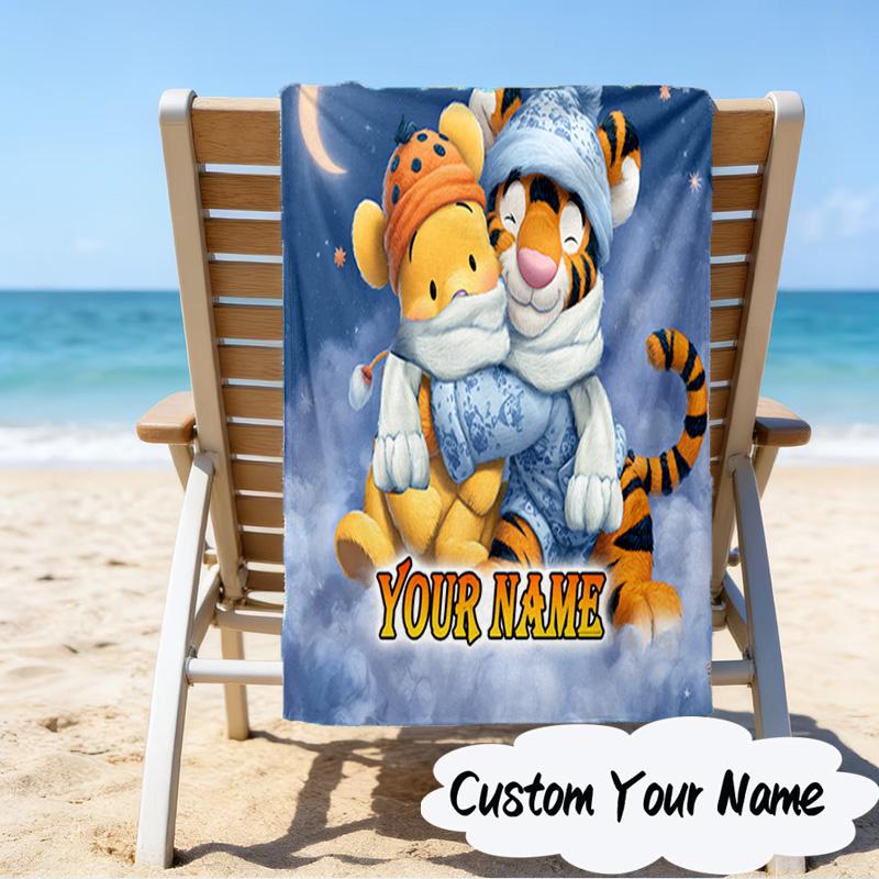 Custom Name Nightly Tiger Hugs Pooh Microfiber Beach Towel Super Soft & Absorbent for Bath, Beach, Travel Bath Time Accessory, Fan Gifts