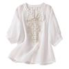 Women's Solid Color Three Quarter Sleeve Cotton And Linen Embroidered Retro Half Open Collar Top
