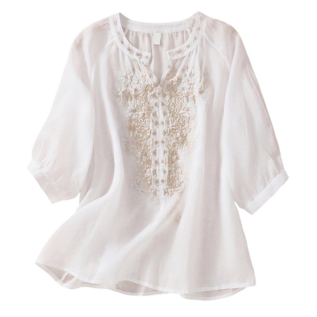 Women's Solid Color Three Quarter Sleeve Cotton And Linen Embroidered Retro Half Open Collar Top