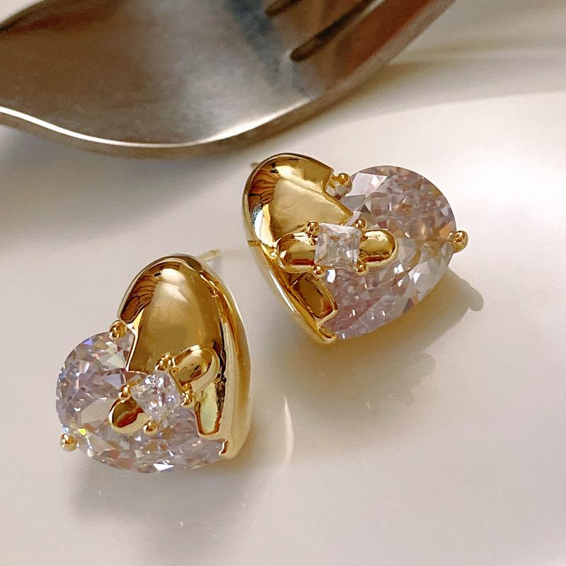 

ANENJERY Golden Heart Zircon Earrings for Women Girls Unique Sweet Temperament Special Design Party Jewelry Wholesale белый