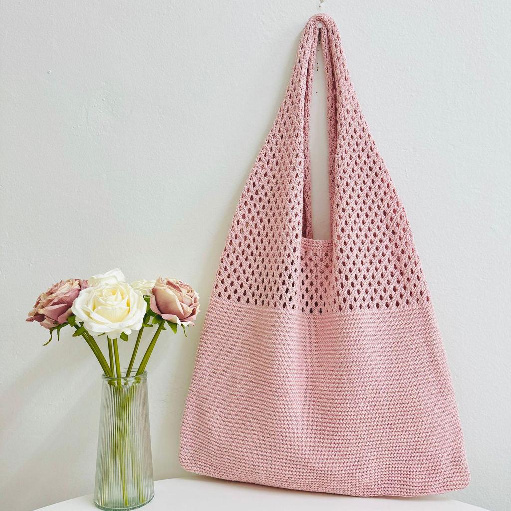 2022 Korean Knit Hollowed Shoulder Handbag - Women's Large Capacity Trendy Tote