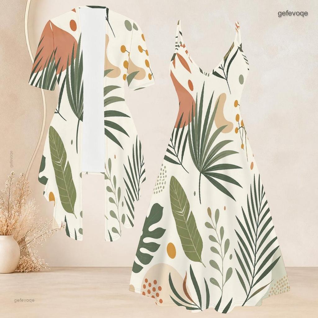 Women Plus Size Two Piece Set Fruit Leaf Printed Short Sleeve Draped Cardigan V Neck Strappy Flared Dress