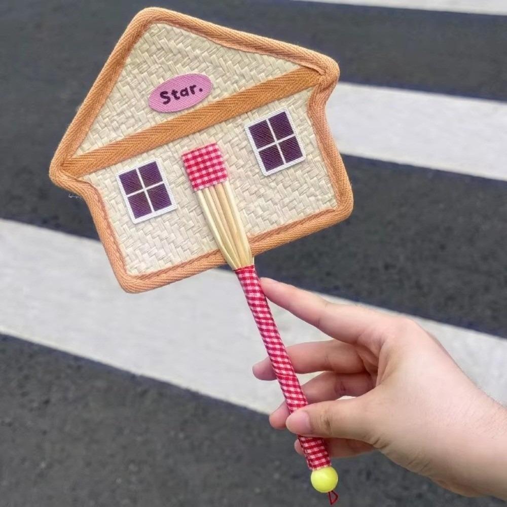 Portable Cartoon House Shape Fan Handcrafted Handwoven Handheld Cooling Fan Summer Daily Cooling